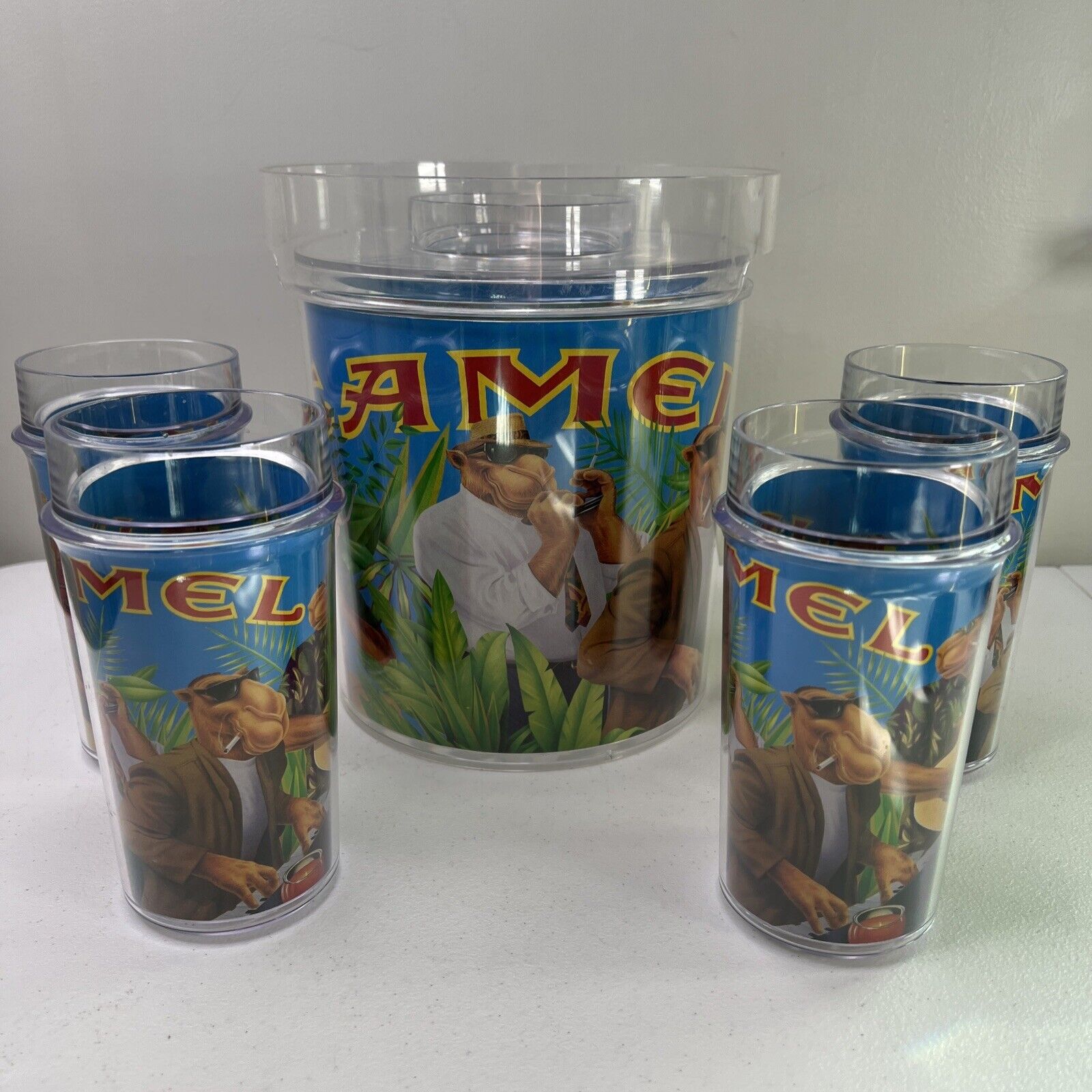Vtg 90’s Smokin' Joe Camel Set of 4 Plastic Tumbler Cups+ Ice Bucket USA Made