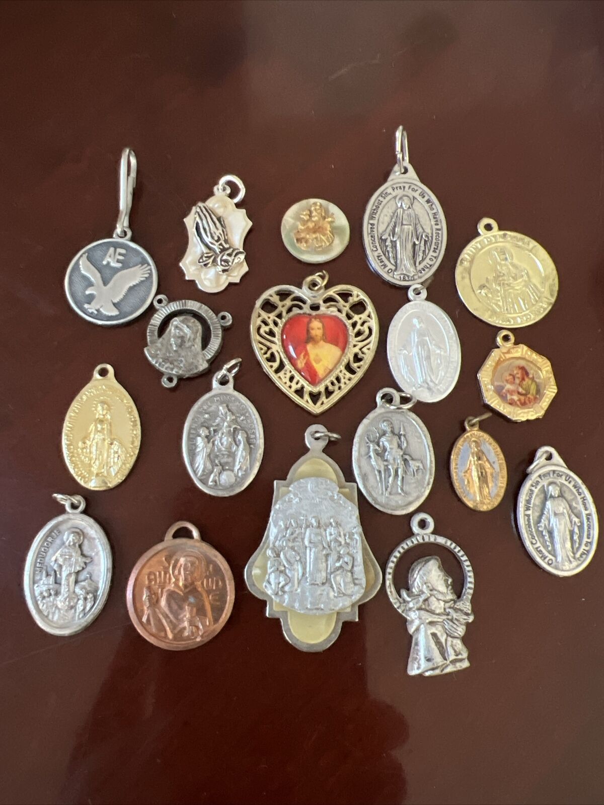 Vintage Lot Of 18 Different Sizes Religious Medals Saints Mary and Jesus