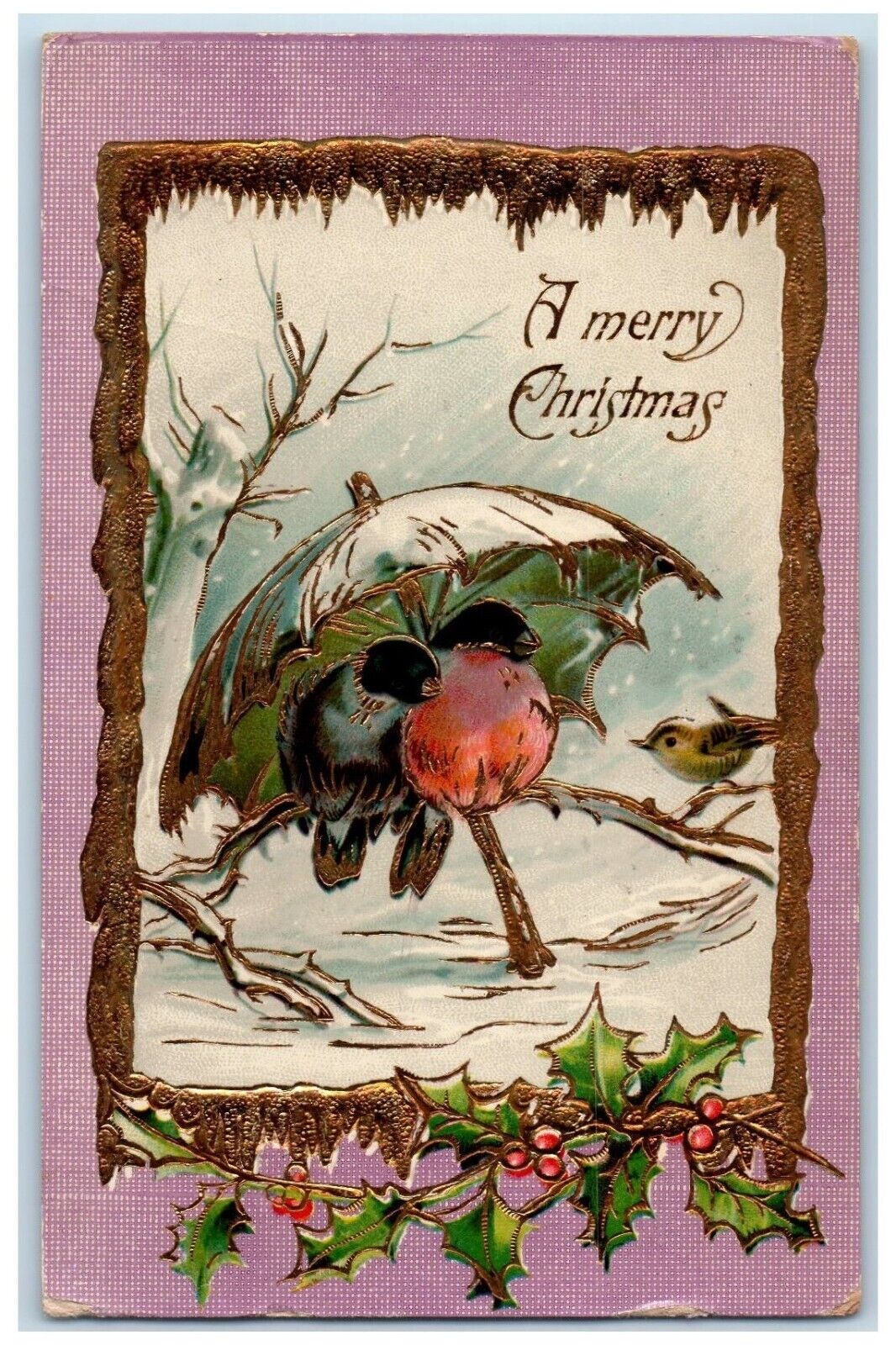 1911 Merry Christmas Birds Umbrella Holly Berries Winter Gel Gold Gilt Postcard