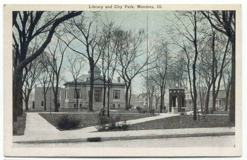 Mendota IL Library and City Park Postcard Illinois