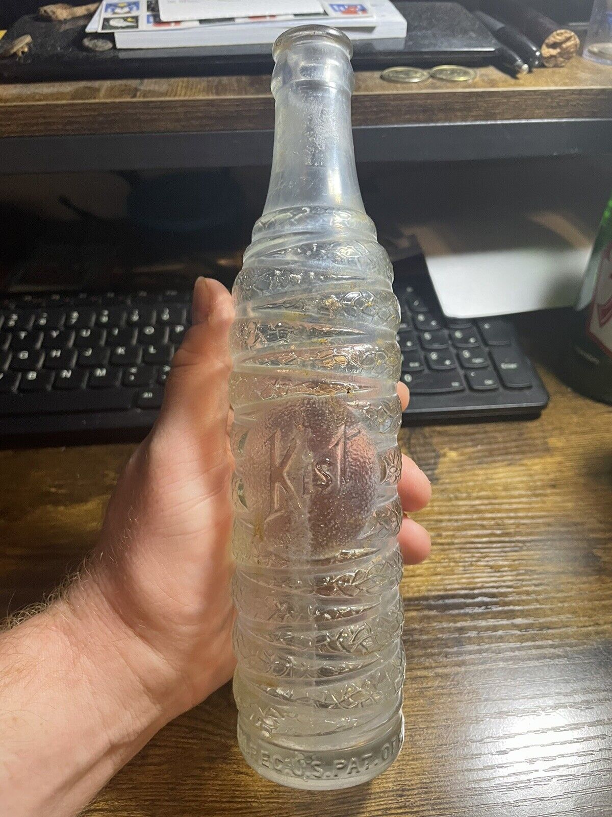 Vintage  1927 Kist Soda Pop Glass Embossed Bottle 7 oz, Marked Jan. 25, 1927