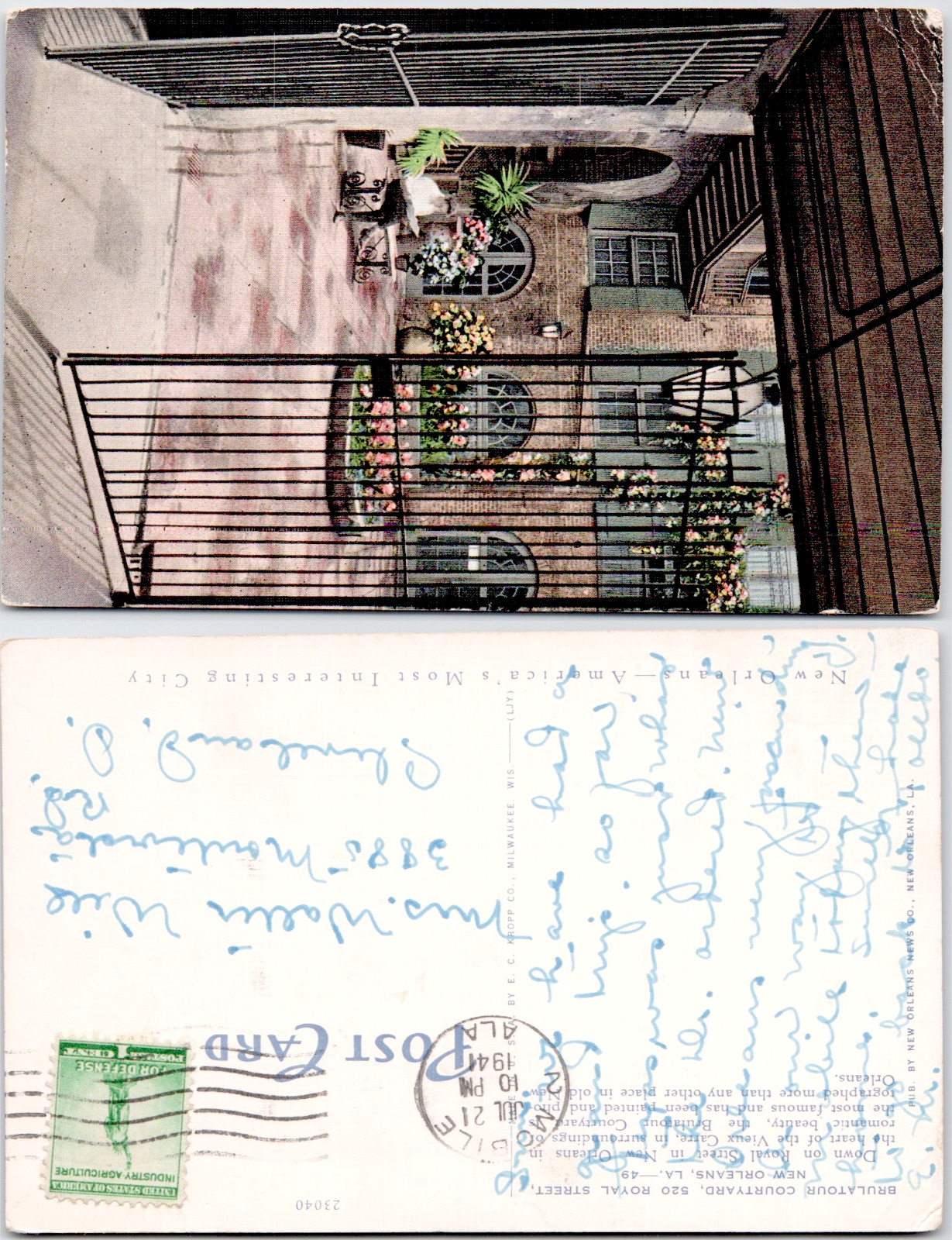 New Orleans Louisiana Brulatour Courtyard Linen Fancy Cancel Vintage Postcard