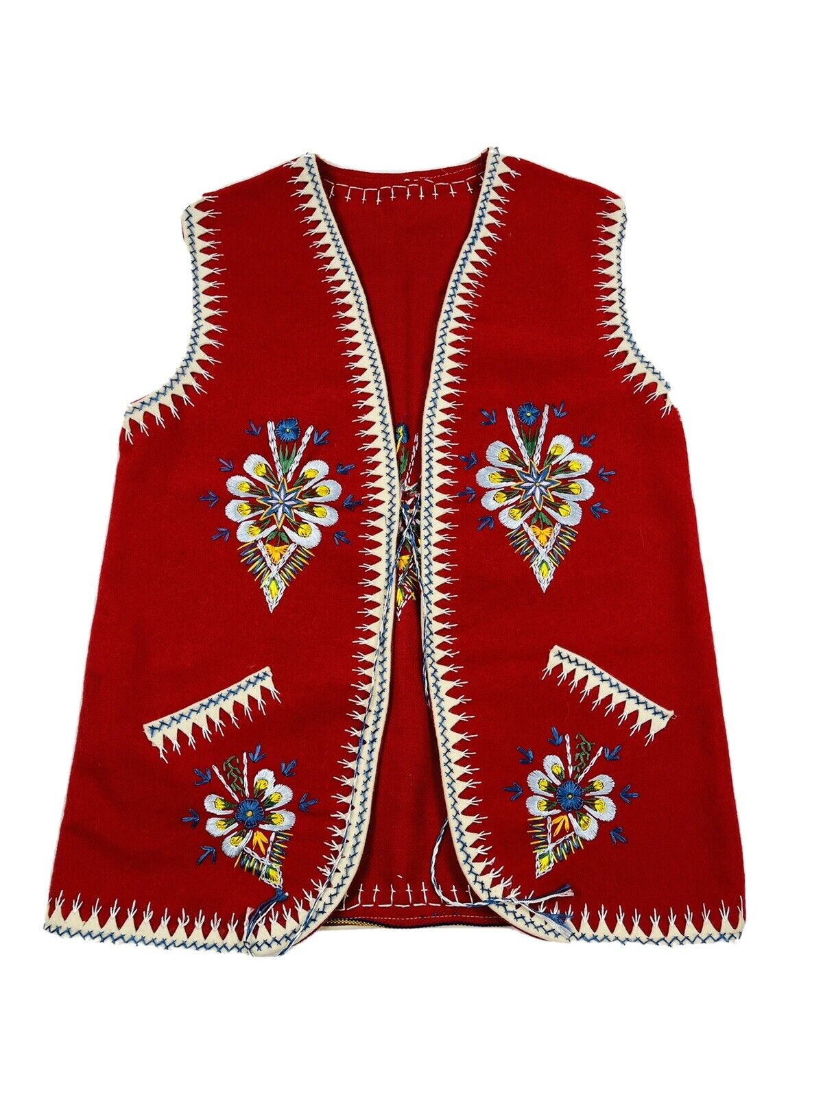 VTG Traditional Polish Folk Art Felted Floral Stitched Vest Jacket Red