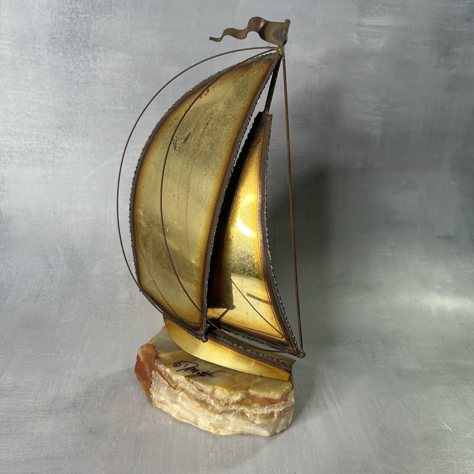 Don & John DeMott Signed Brass 2 Sail Sailboat Sculpture on Onyx Stone Base