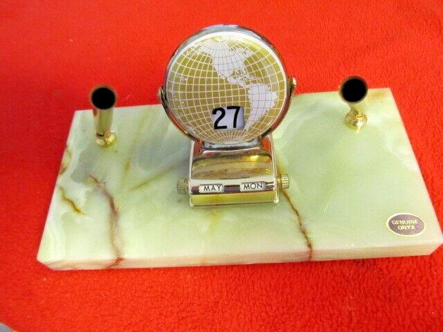 Vintage A Scottco Calendar Pen Holders Desk Set Genuine Onyx Marble Base 
