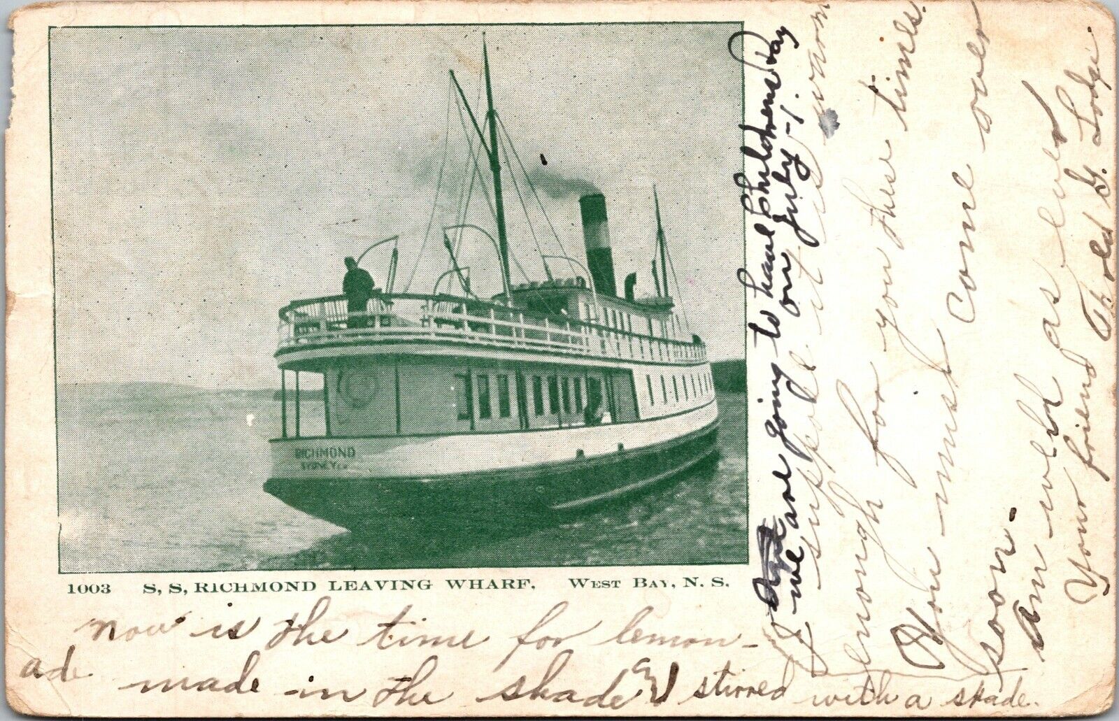 West Bay Nova Scotia~S.S. Richmond Leaving Wharf~Souvenir Postcard~Posted 1906