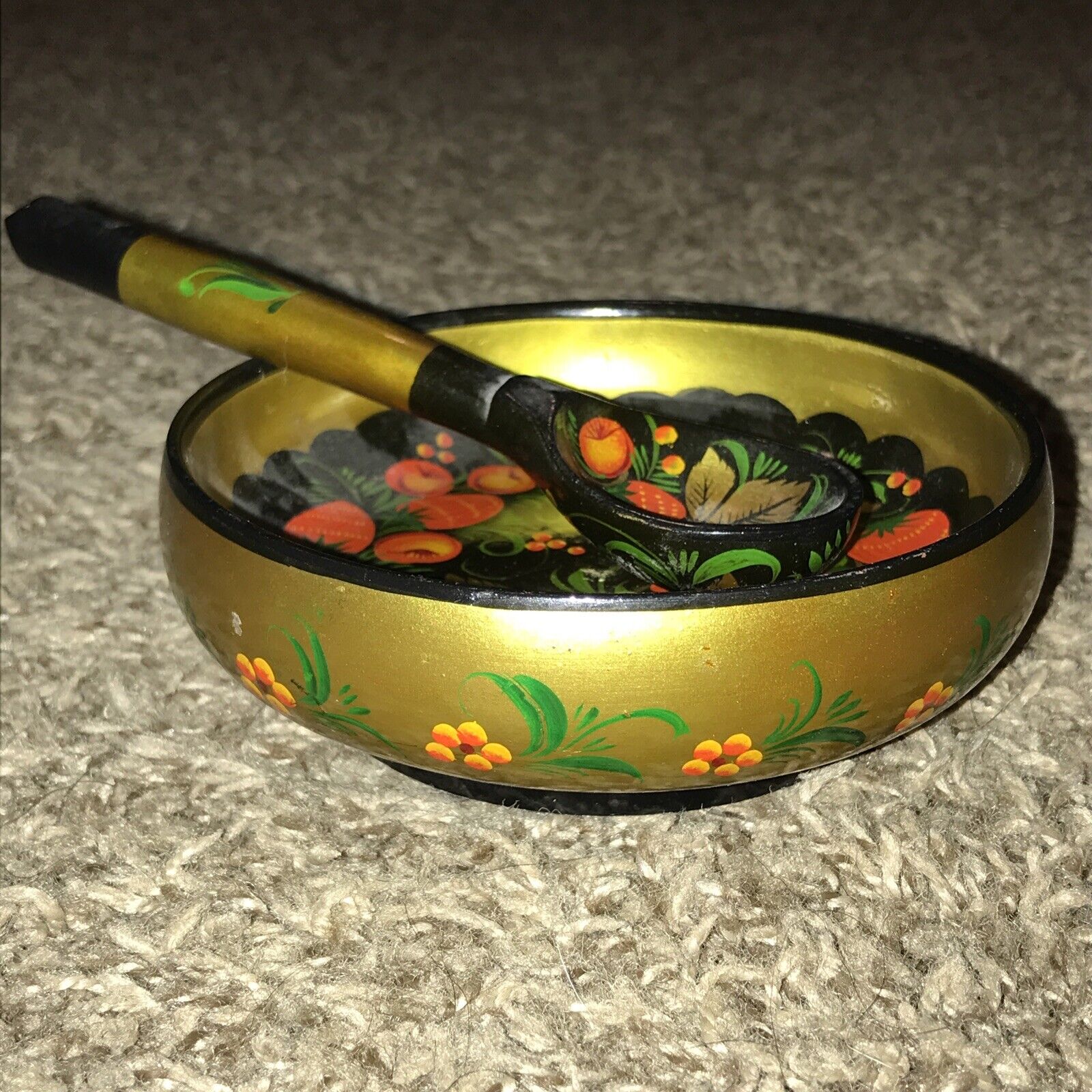 2 pc Russian Hand Painted Khokhloma Wooden Bowl and spoon set Soviet USSR W4