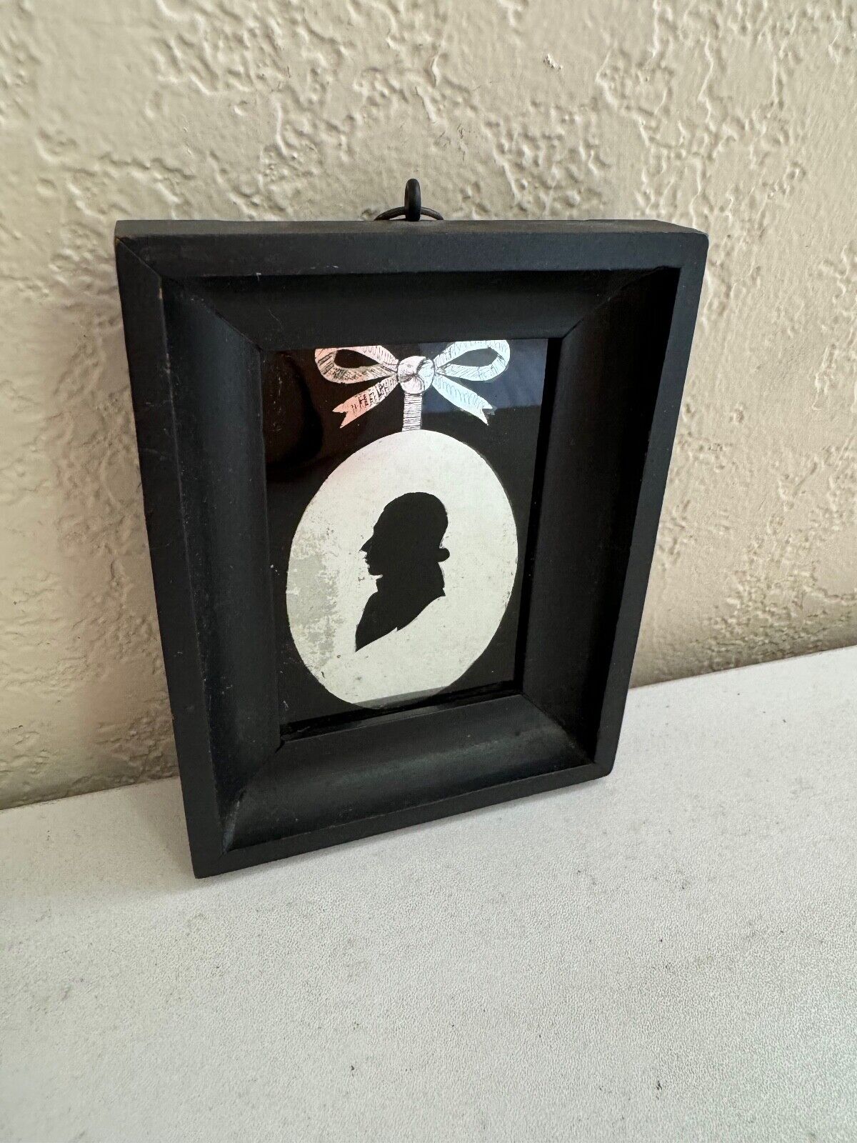 Antique Portrait Silhouette of Man on Glass w/ Writing on Back of Frame