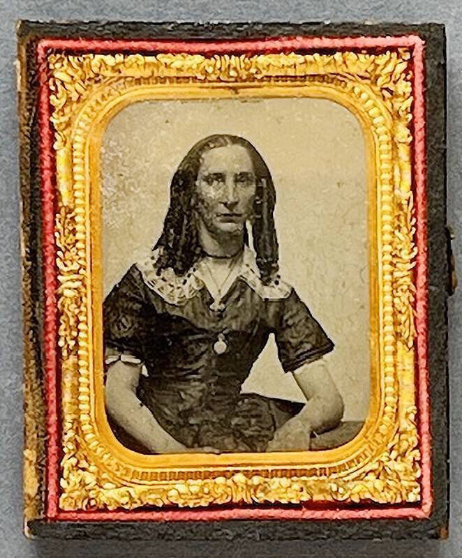 ANTIQUE 1/9TH PLATE TINTYPE ~ LADY WITH RINGLETS IN FORMAL GOWN