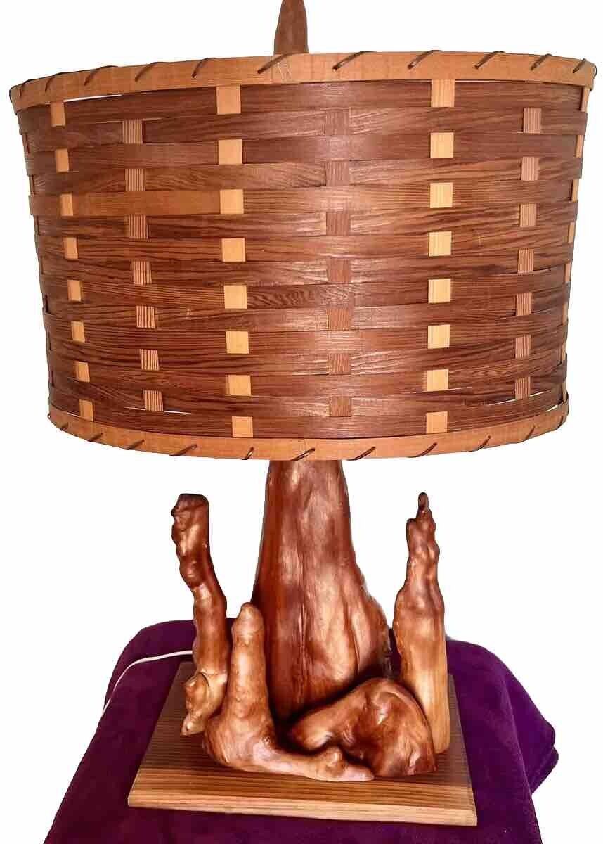 Vintage Mid Century Modern Large Cypress Knees Lamp Original Basket Weave Shade