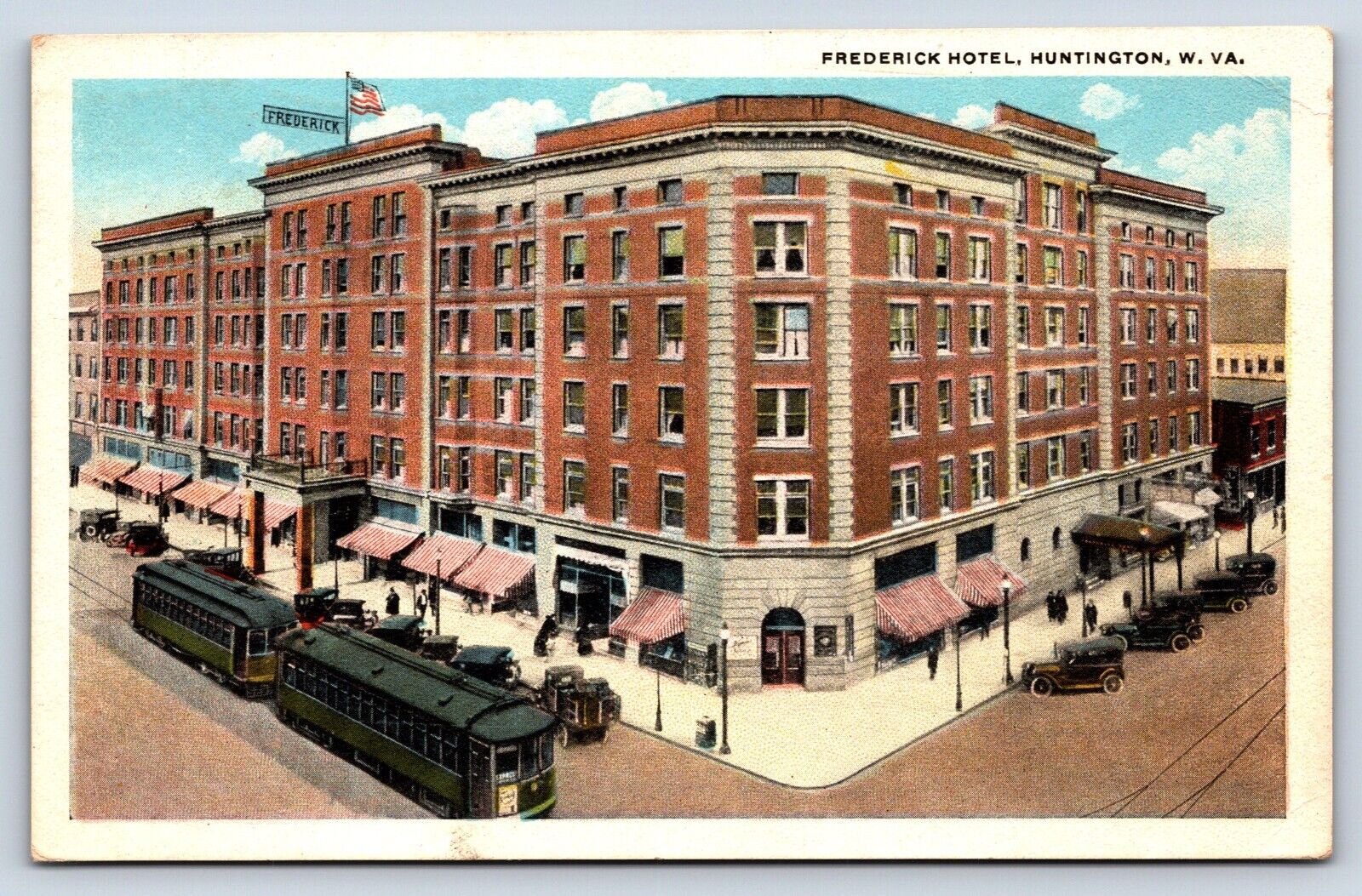 Postcard WV Huntington Frederick Hotel Trolleys Old Cars Stores Lamp Post F3