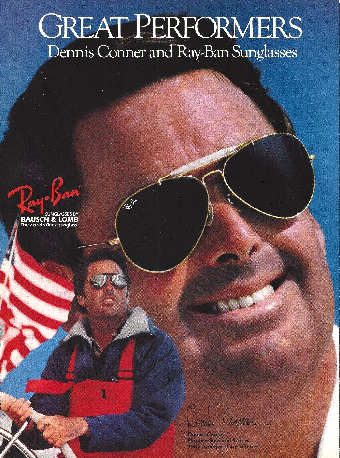 1987 Ray-Ban Sunglasses Dennis Conner Stars & Stripes America\'s Cup vtg Print AD