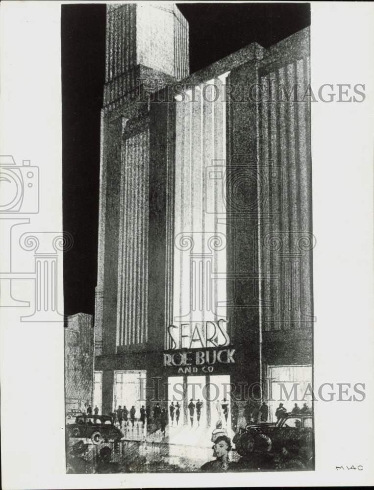 1934 Press Photo Architect\'s\' sketch of the entrance of Chicago Department Store