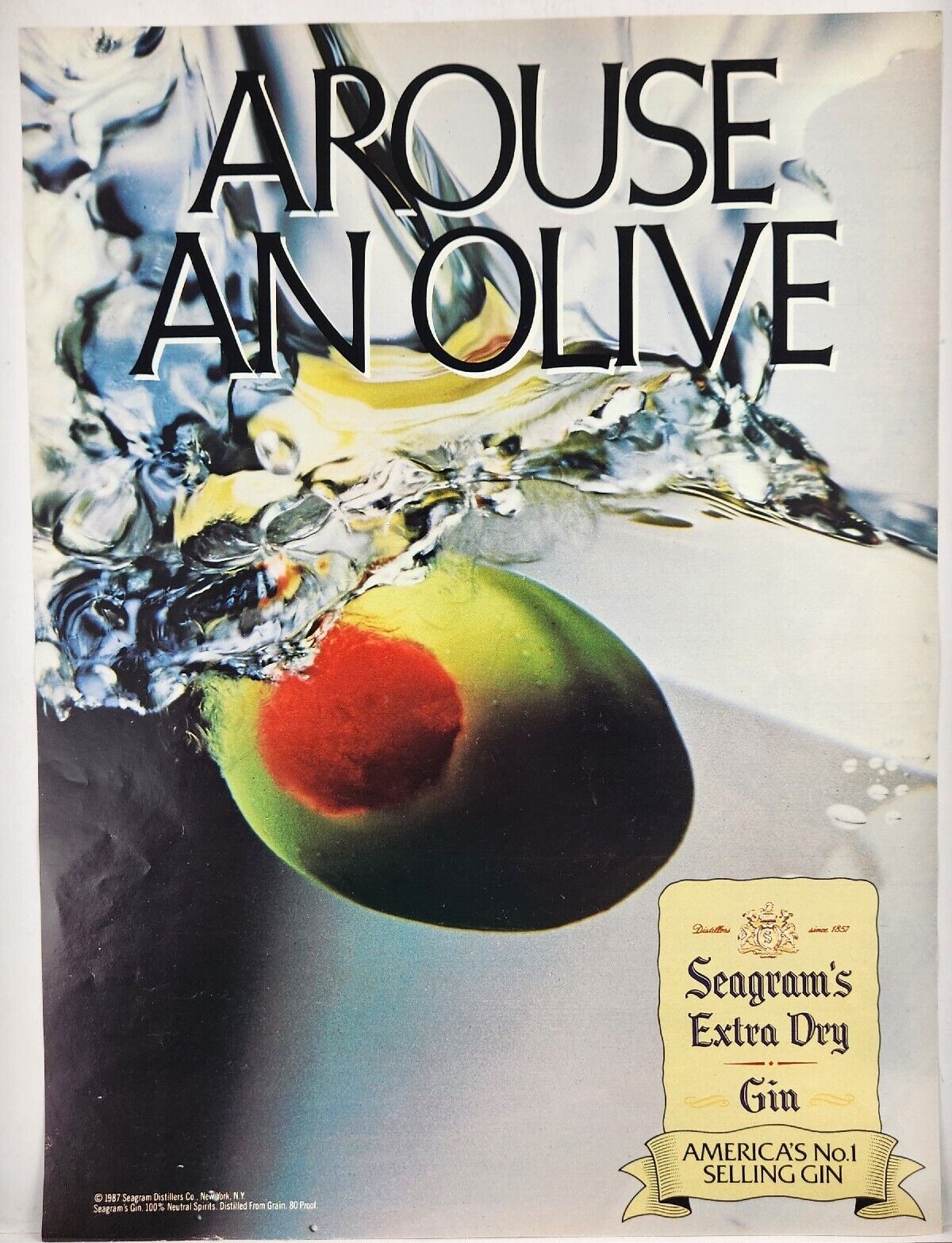 1987 Seagram\'s Extra Dry Gin Arouse An Olive Print Ad Poster Man Cave Art Deco