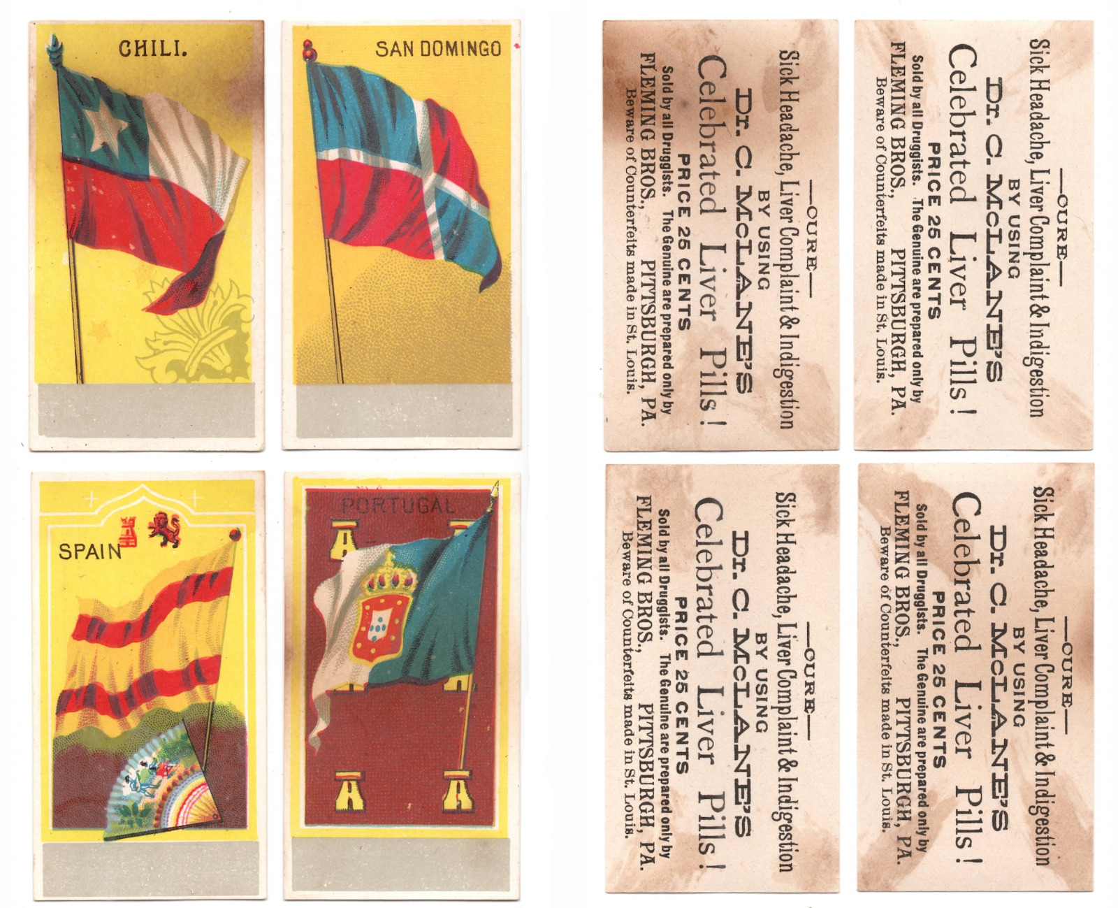 1890\'s Dr. McLane\'s Liver Pills FLAGS Cards (4) CHILE SAN DOMINGO SPAIN PORTUGAL
