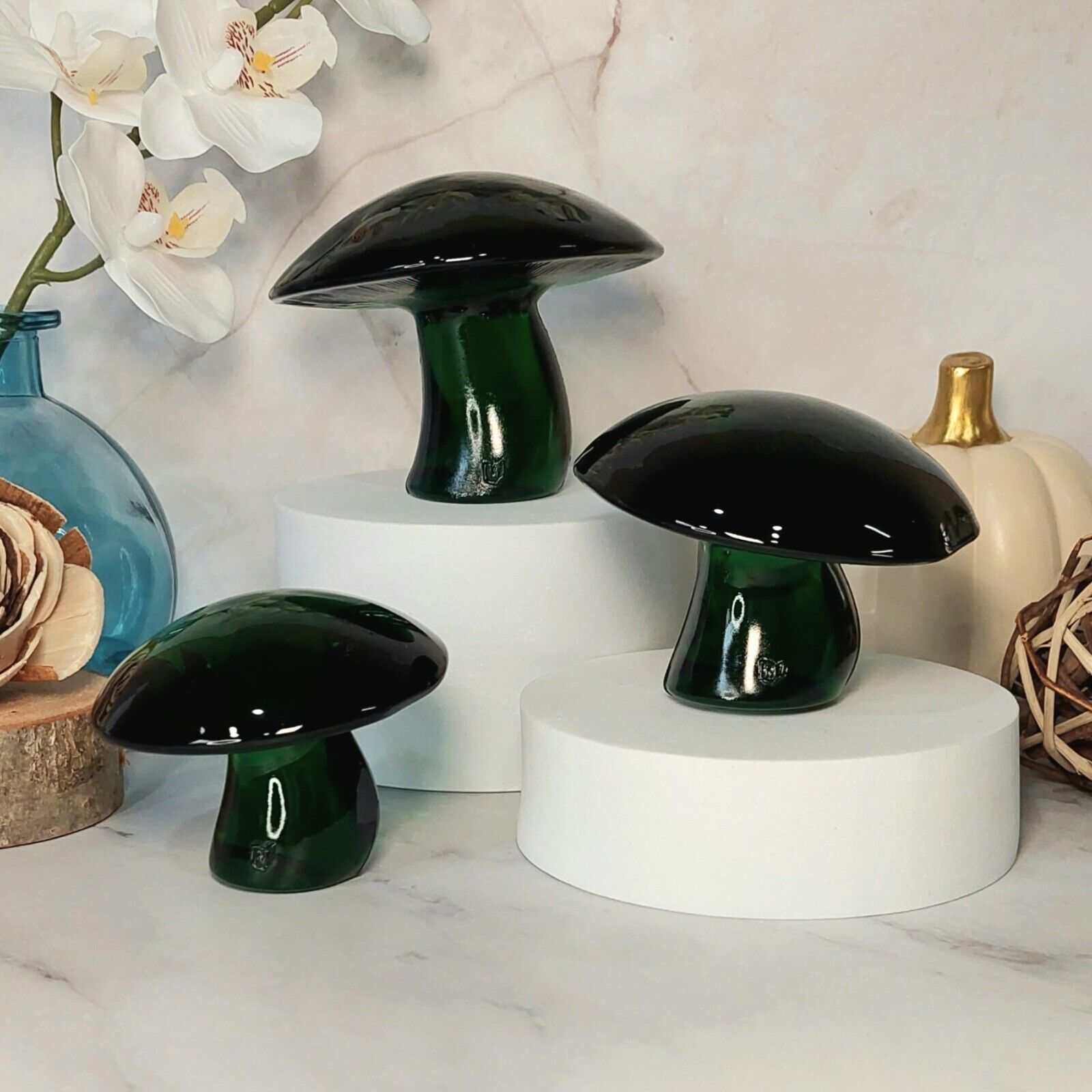 Viking Glass Mold Mushrooms, Set of 3, Rare Edition Green - Vintage Style Decor