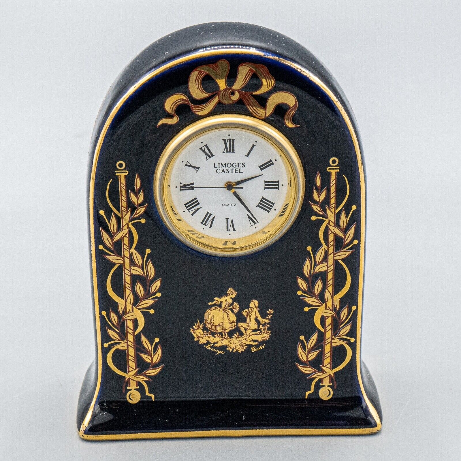 Castle Limoges Porcelain Desk Clock Cobalt Blue Courting Couple Gold 3 7/8\