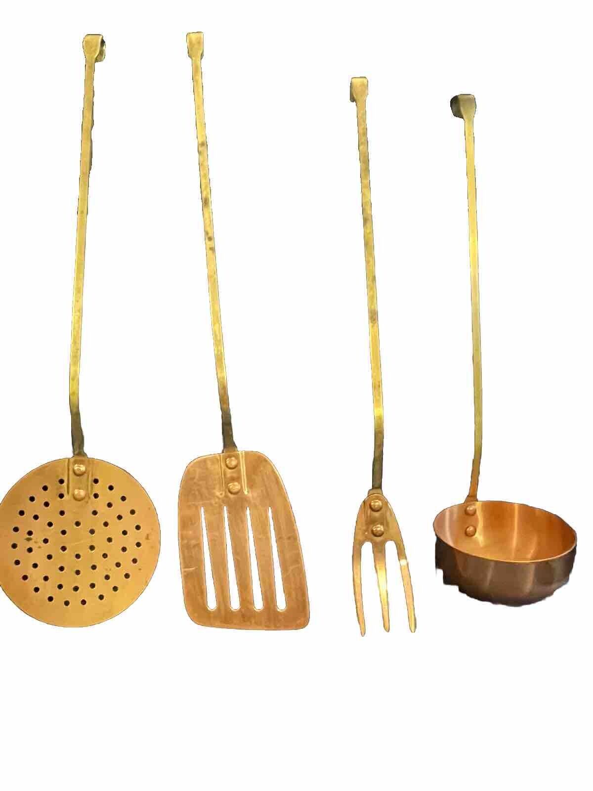 Antique VTG Set Of  4 Brass Copper Utensils Skimmer, Fork, Spatula, Ladle