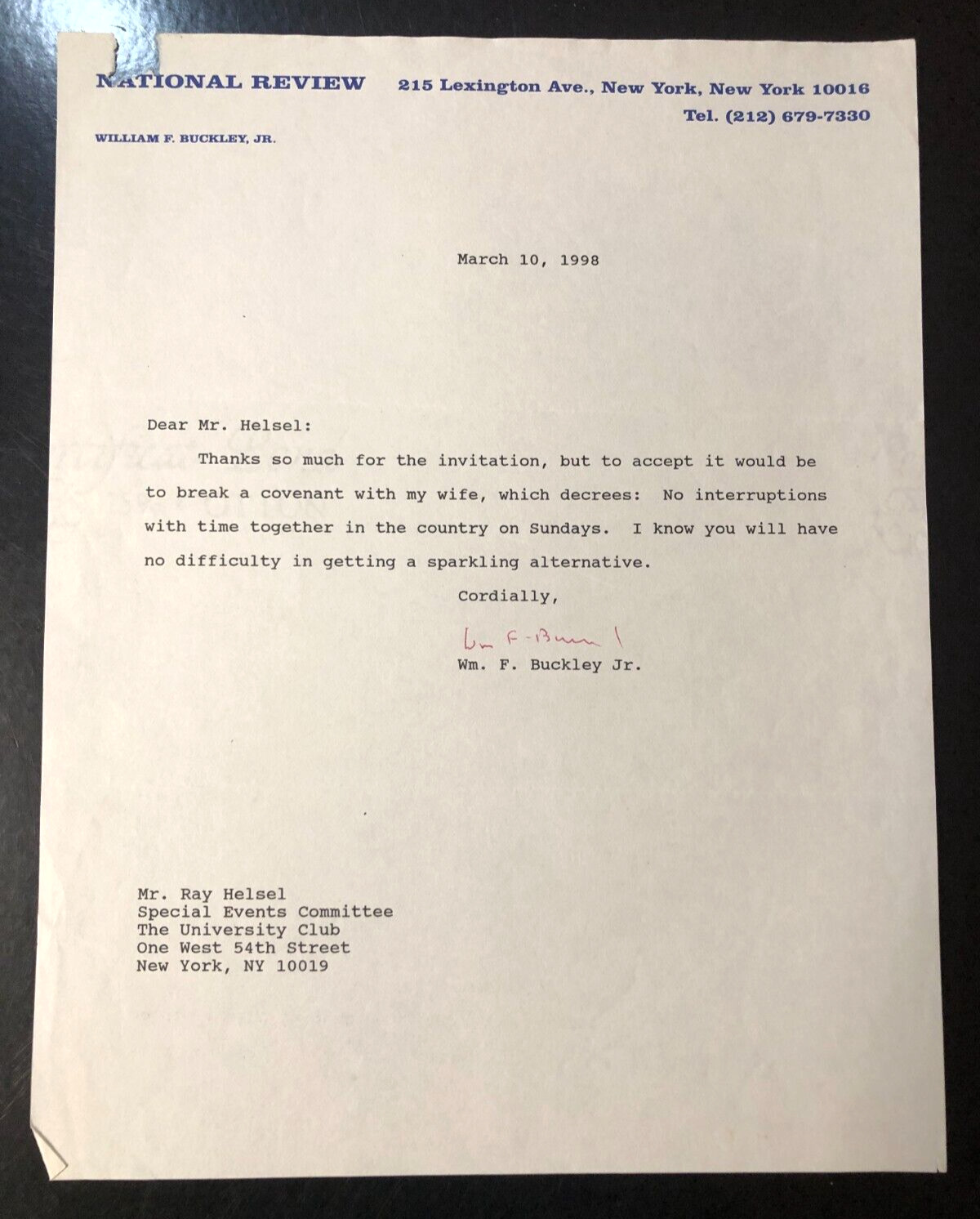 1998 William F. Buckley Jr. Signed Letter - National Review Mag. and Firing Line
