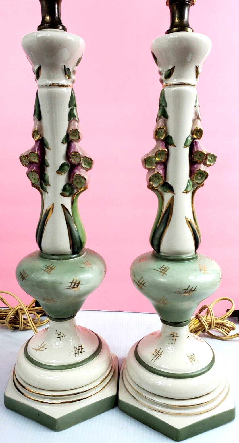 Pair of Lamps Painted Floral Crooked Lamps Repaired Lamp Piece