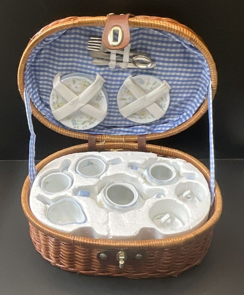 Delton Fine Collectible Porcelain Tea Set in Wicker Basket