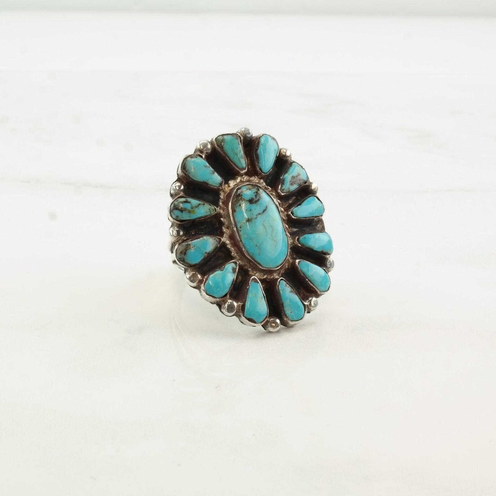 Vintage Native American Silver Ring Turquoise Cluster Sterling Size 9