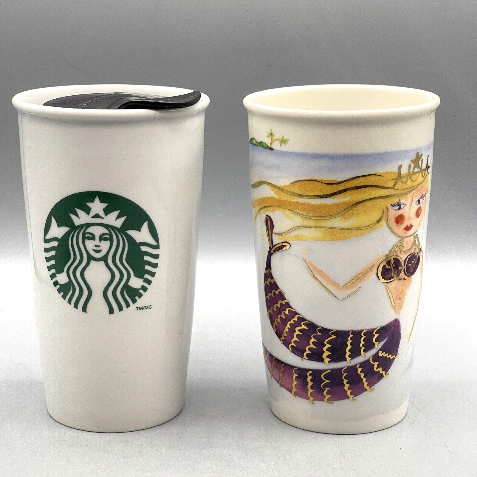 Starbucks Mug Traveller Tumbler Mermaid Ceramic Set of Two 12oz One Lid 2015