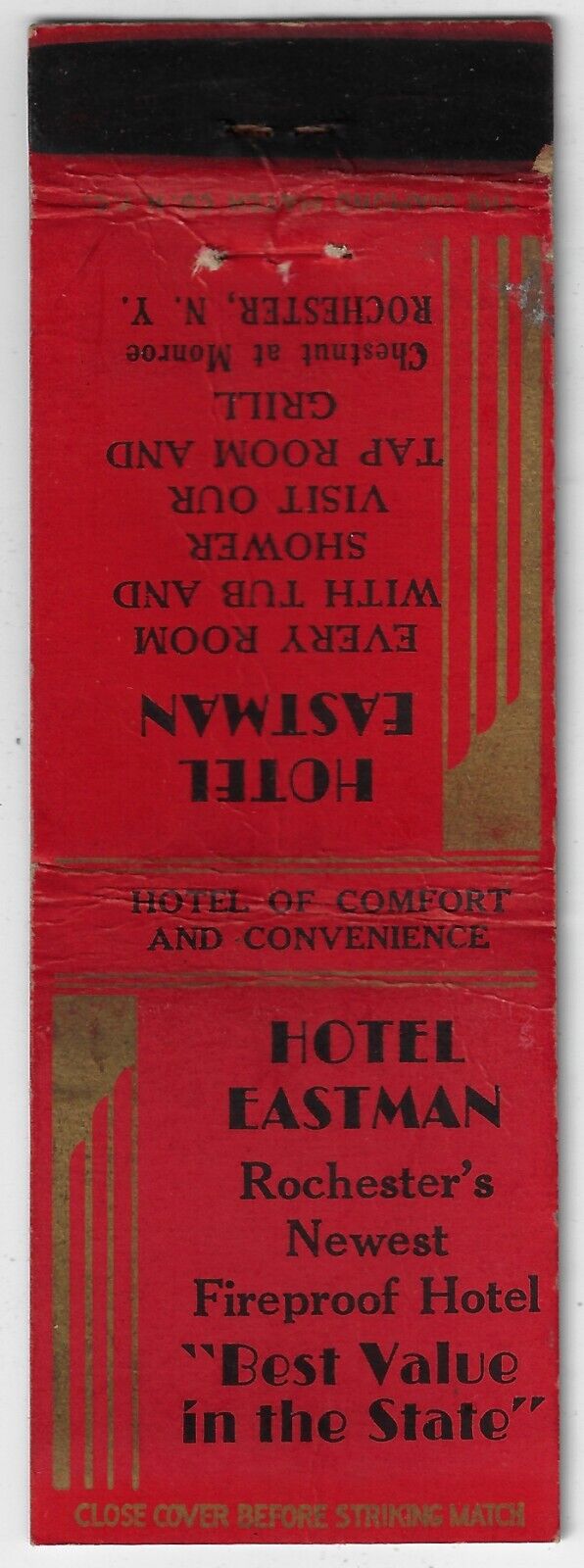 Hotel Eastman Rochester NY Tub and Shower in every room FS Empty Matchbook Cover
