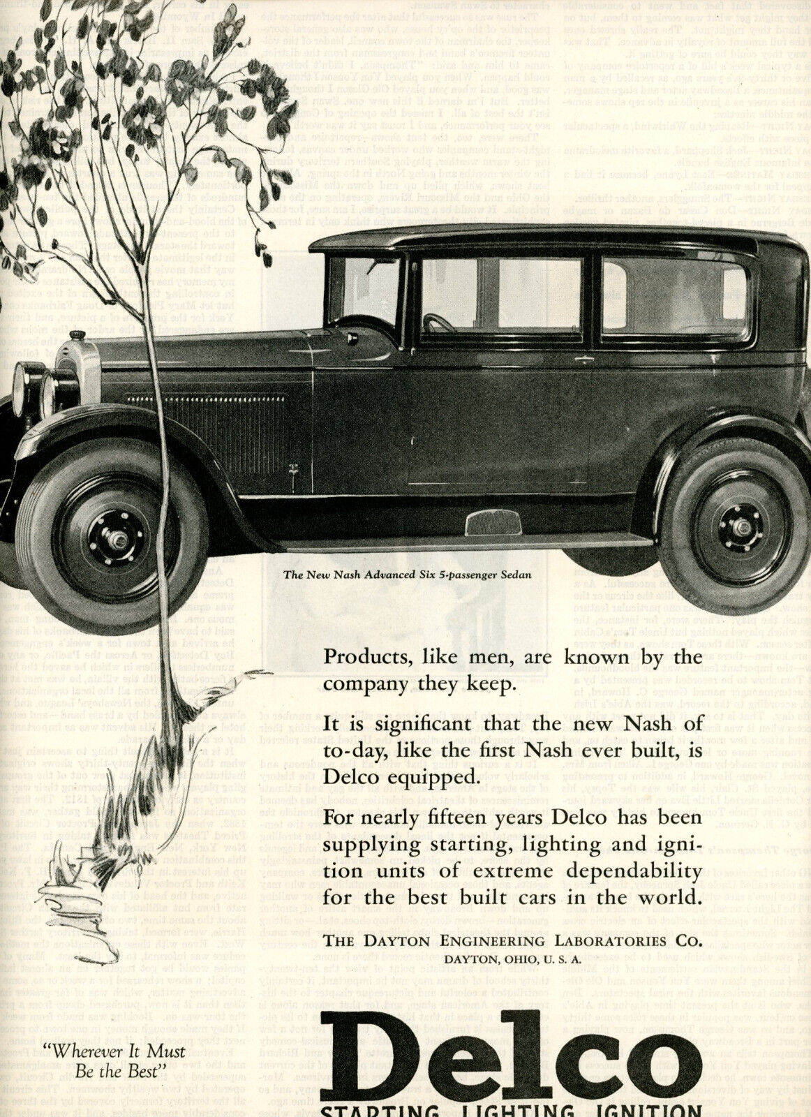 1925 Original NASH Adv SIX 5-Psngr Sedan Large Illustration in DELCO Big Page Ad