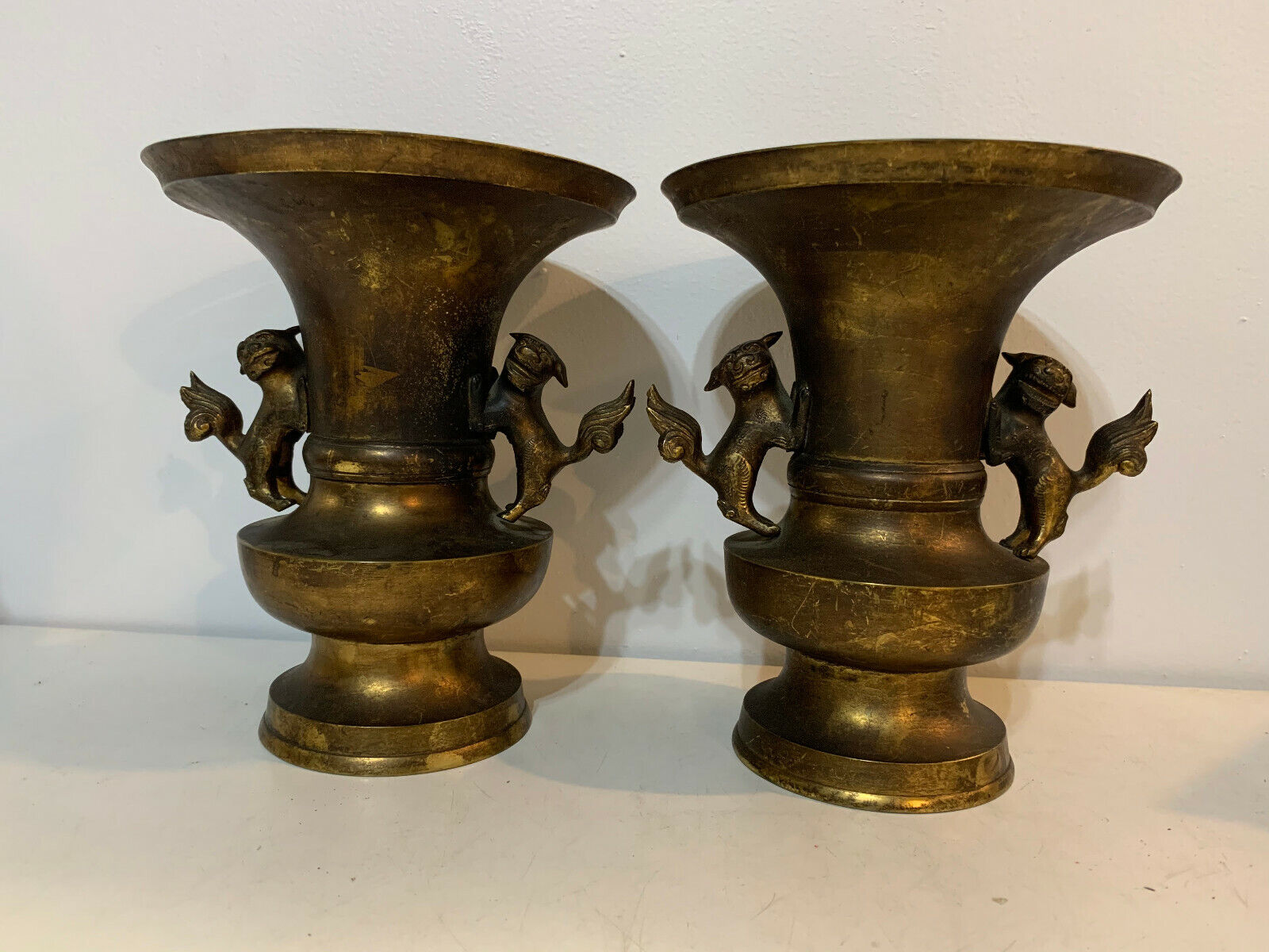Vintage Antique Chinese Metal Possibly Brass Pair of Vases w Foo Dogs Decoration