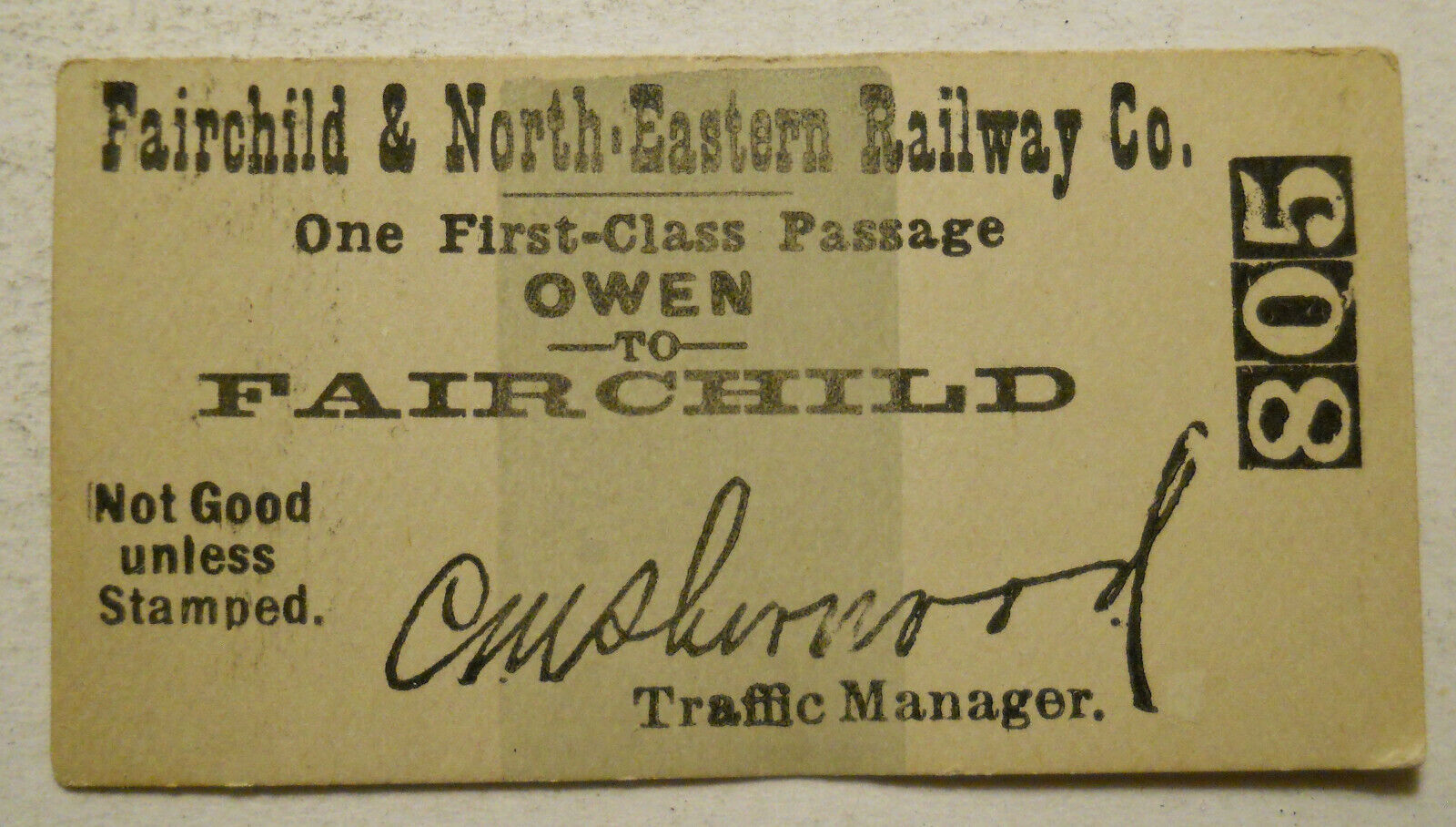 Unused Fairchild & North Eastern Railway Ticket Owen - Fairchild (Wisconsin)
