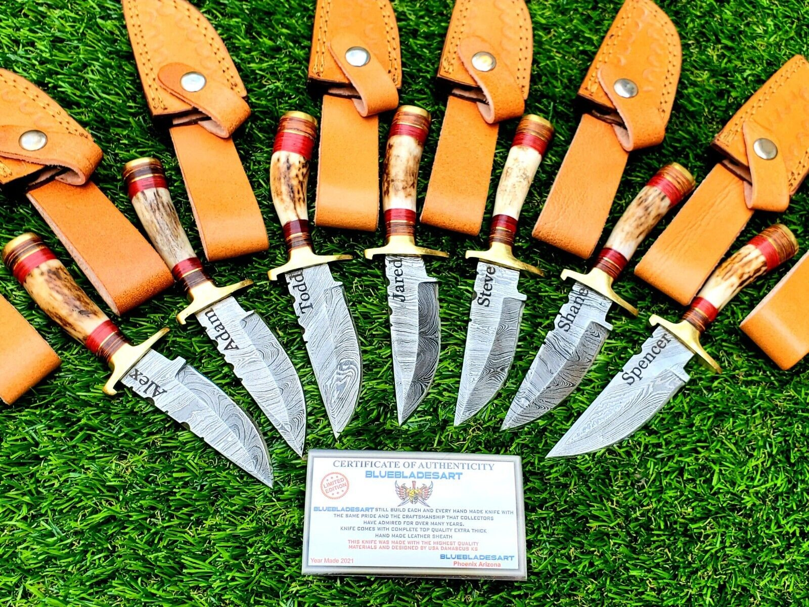 Personalized Set of 7 Groomsmen Damascus Steel Hunting knife Handle Deer Antler