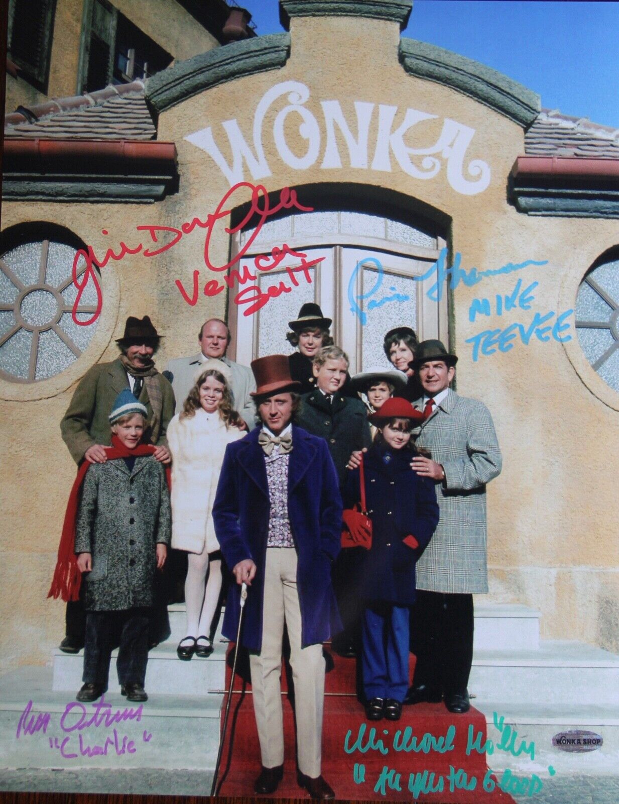 OUTSIDE THE WILLY WONKA FACTORY  PHOTO - AUTOGRAPHED, SIGNED BY FOUR 11” X 14” 