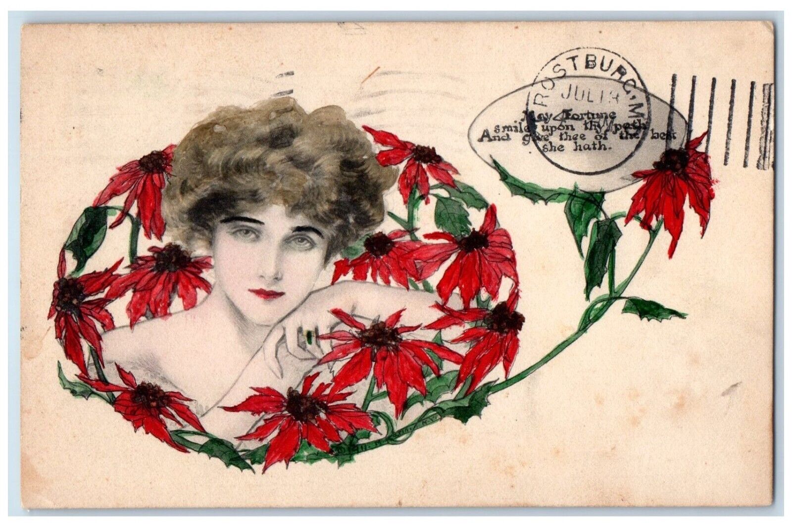1912 Pretty Woman Poinsettia Flowers Frostburg Maryland MD Antique Postcard
