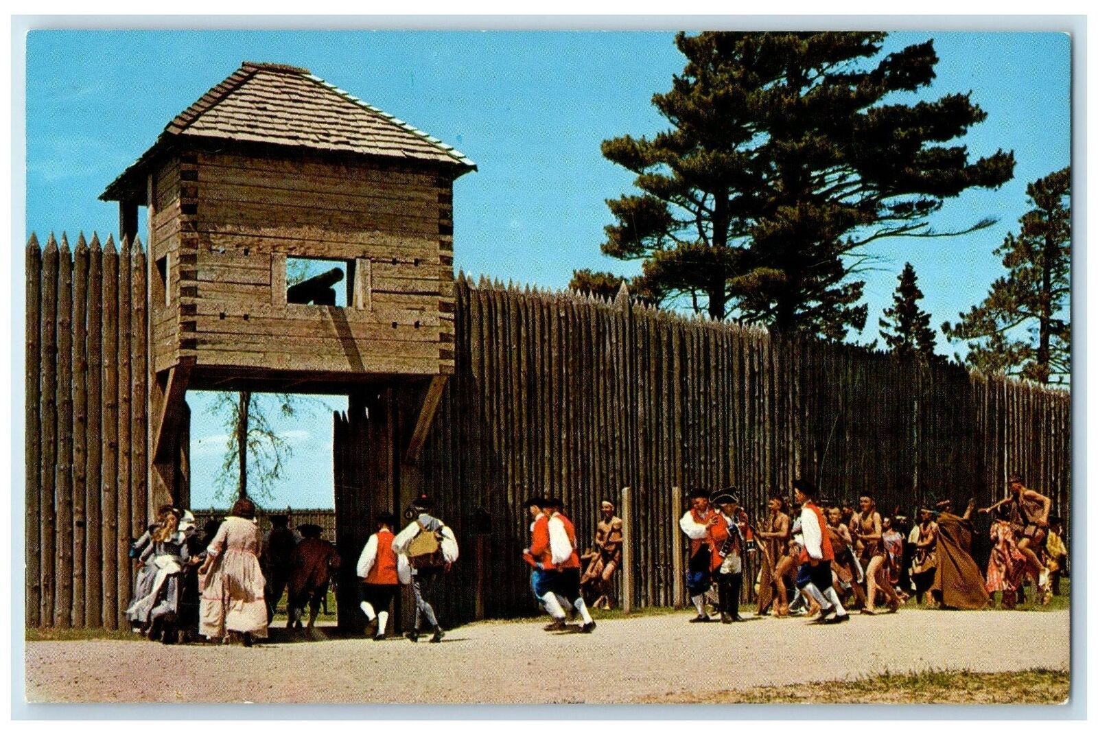 1967 Fort Michilimackinac Soldiers Indians Entrance Mackinaw City MI Postcard