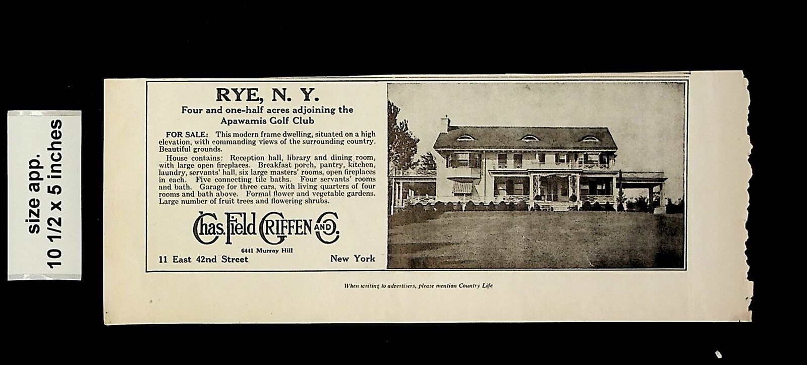 1919 Chas Field Griffen and Co Rye NY Real Estate Vintage Print ad 14492