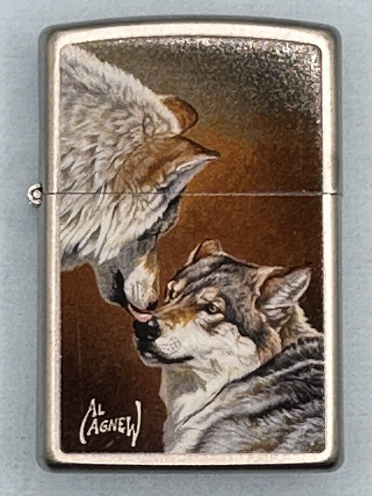 Vintage 2017 Al Agnew Kissing Wolves Chrome Zippo Lighter NEW