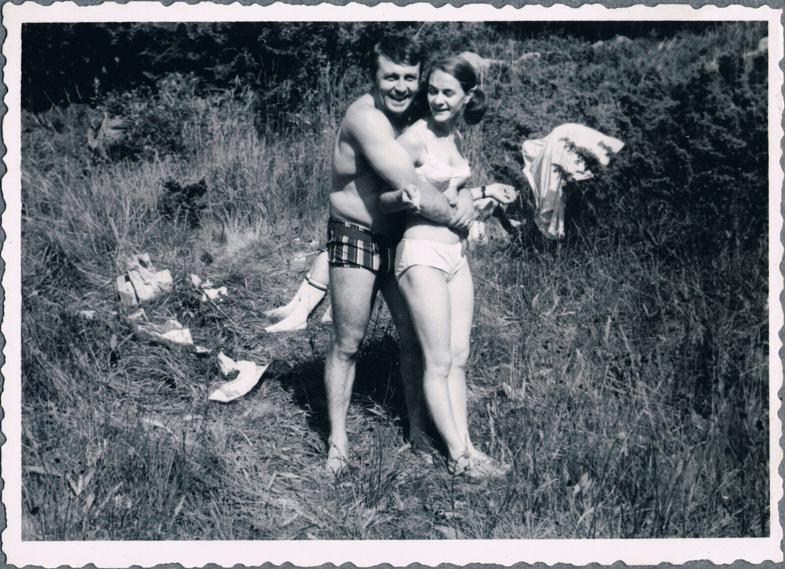 1960s Shirtless Guy Trunks Bulge Beefcake Man Pretty Girl In Bikini Vtg Photo
