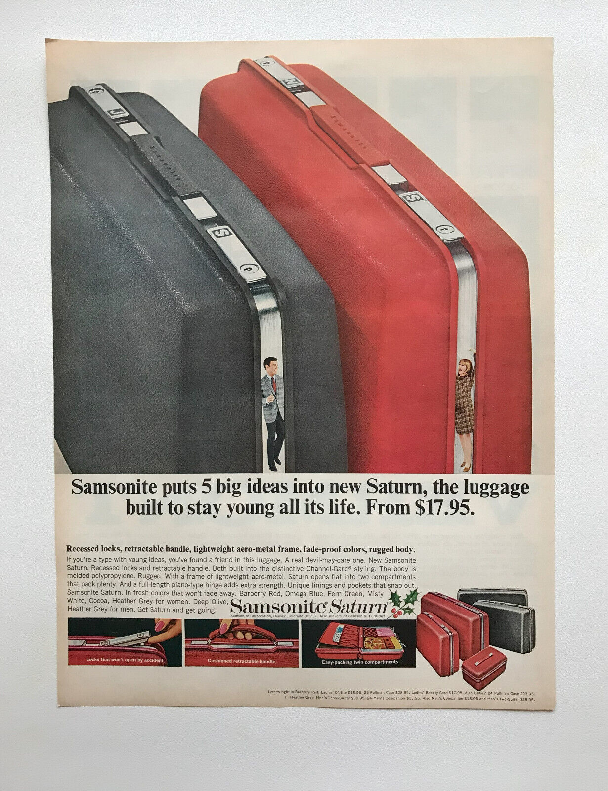 1967 Samsonite Saturn Luggage, Vermont Skiing Travel Vintage Print Ads