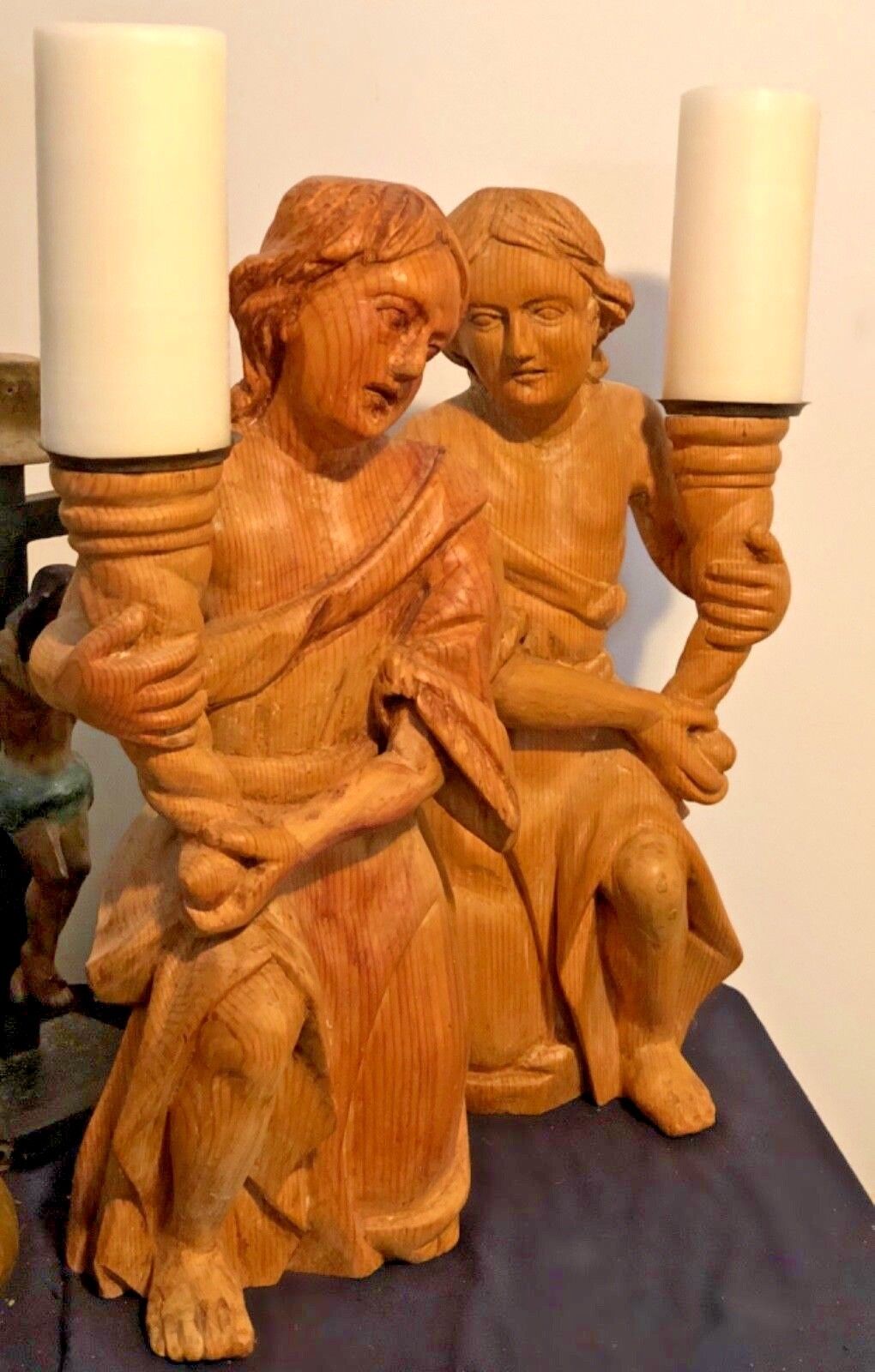 AMAZING LATE BAROQUE CARVED WOODEN ANGELS CANDLEHOLDERS CA 1760