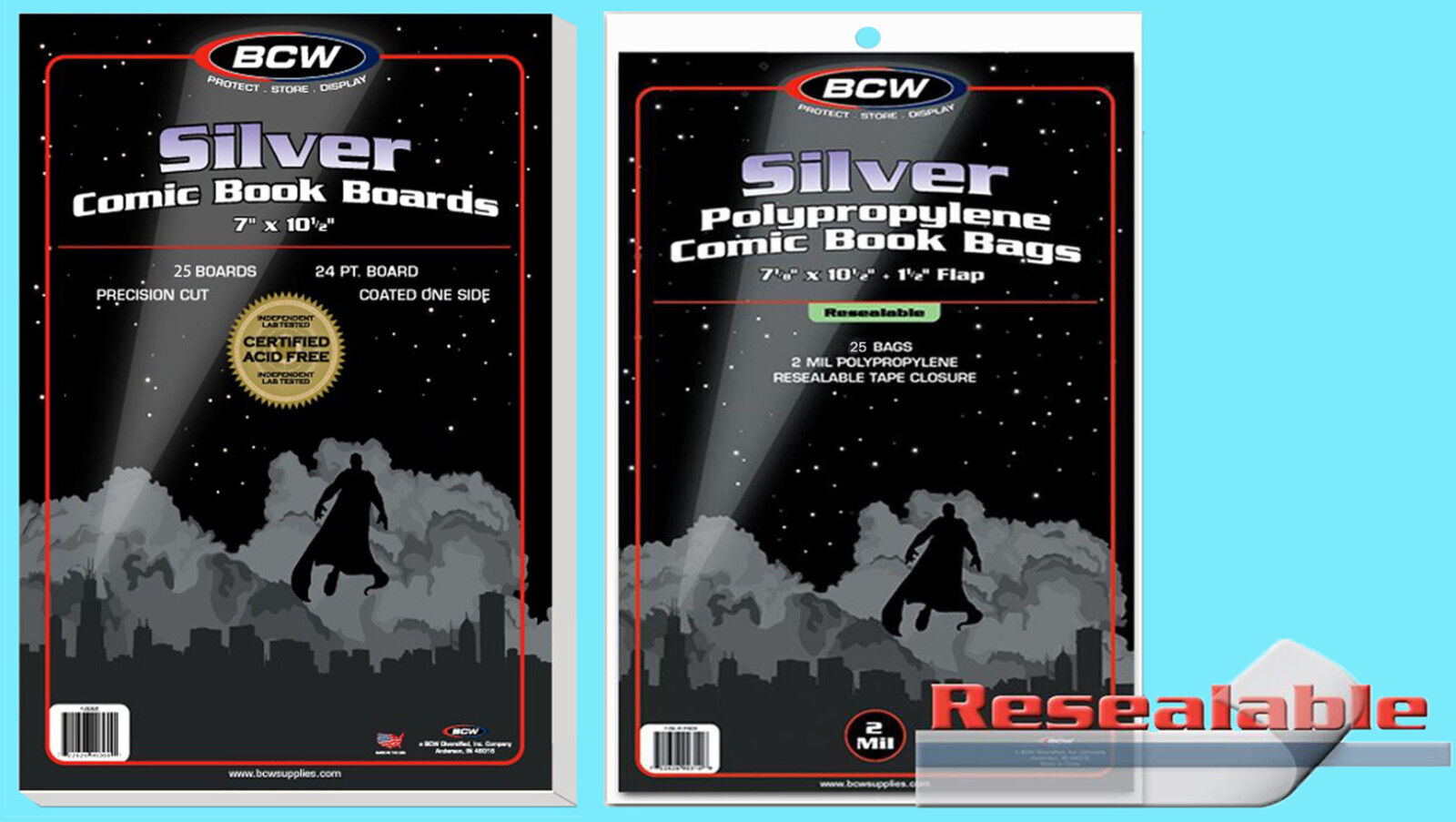 25 BCW SILVER RESEALABLE COMIC BOOK BAGS with BACKING BOARDS Clear PVC free