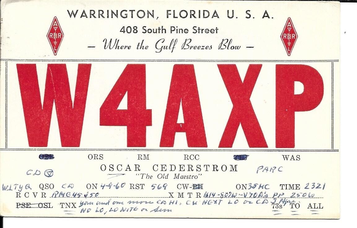 QSL 1960 Warrington Florida     radio card