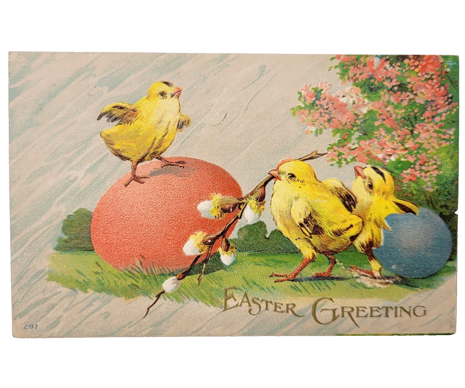 Antique Easter Greeting Chicks Eggs Pussy Willow Flowers 1910s Postcard Used