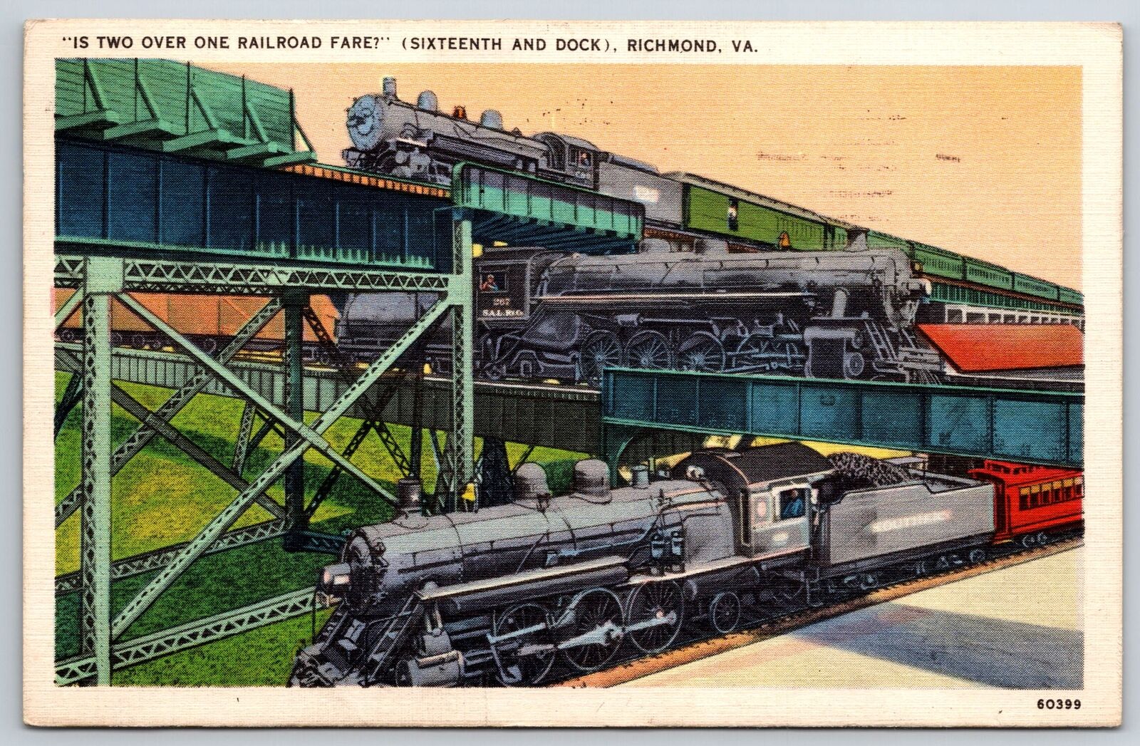 Richmond Virginia~Is Two Over One Railroad Fare~PM 1937~Vintage Linen Postcard