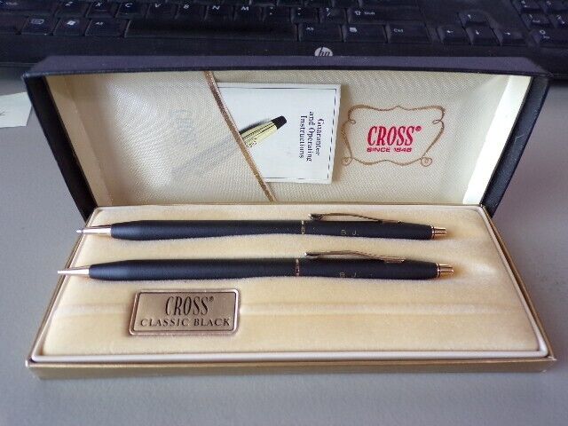 Vintage Cross Pencil Pen Set Classic Black Blue Ink Small Initials BJ 2501