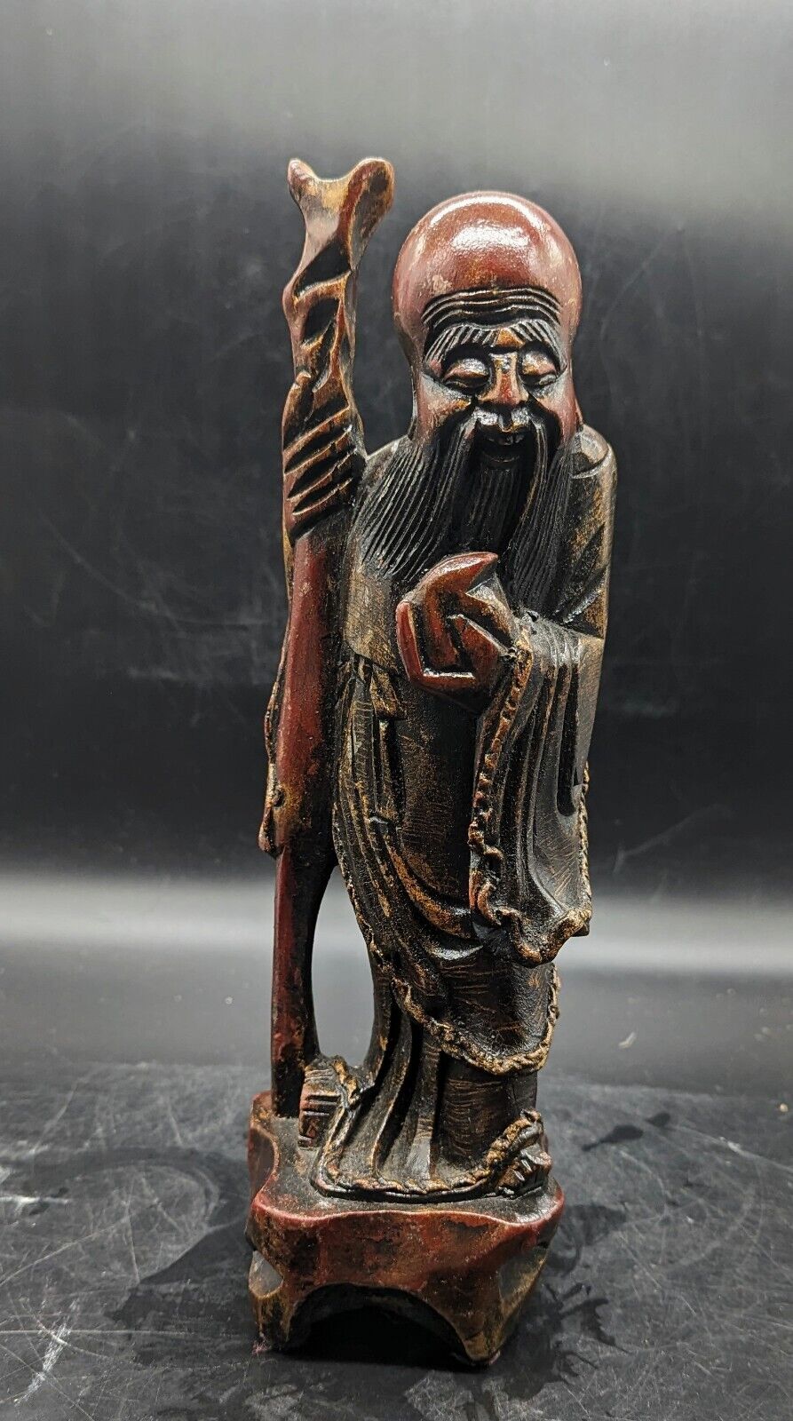 Vintage Hand Carved Chinese Wood Wooden Old Wiseman Figurine Sage Beard 12.25\