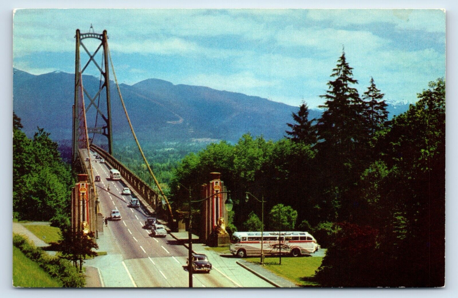Postcard - Lion\'s Gate Bridge in Vancouver British Columbia c1950s Bus and Cars