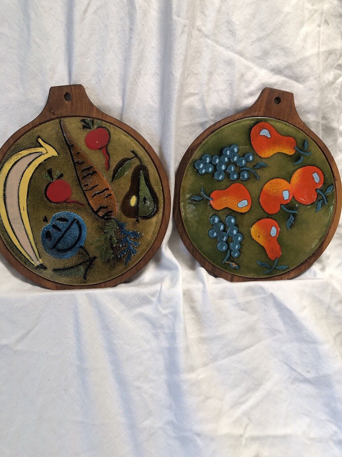 Pair MCM Teak And Copper Enameled Cheese Board Bright Colors With Cubist Design