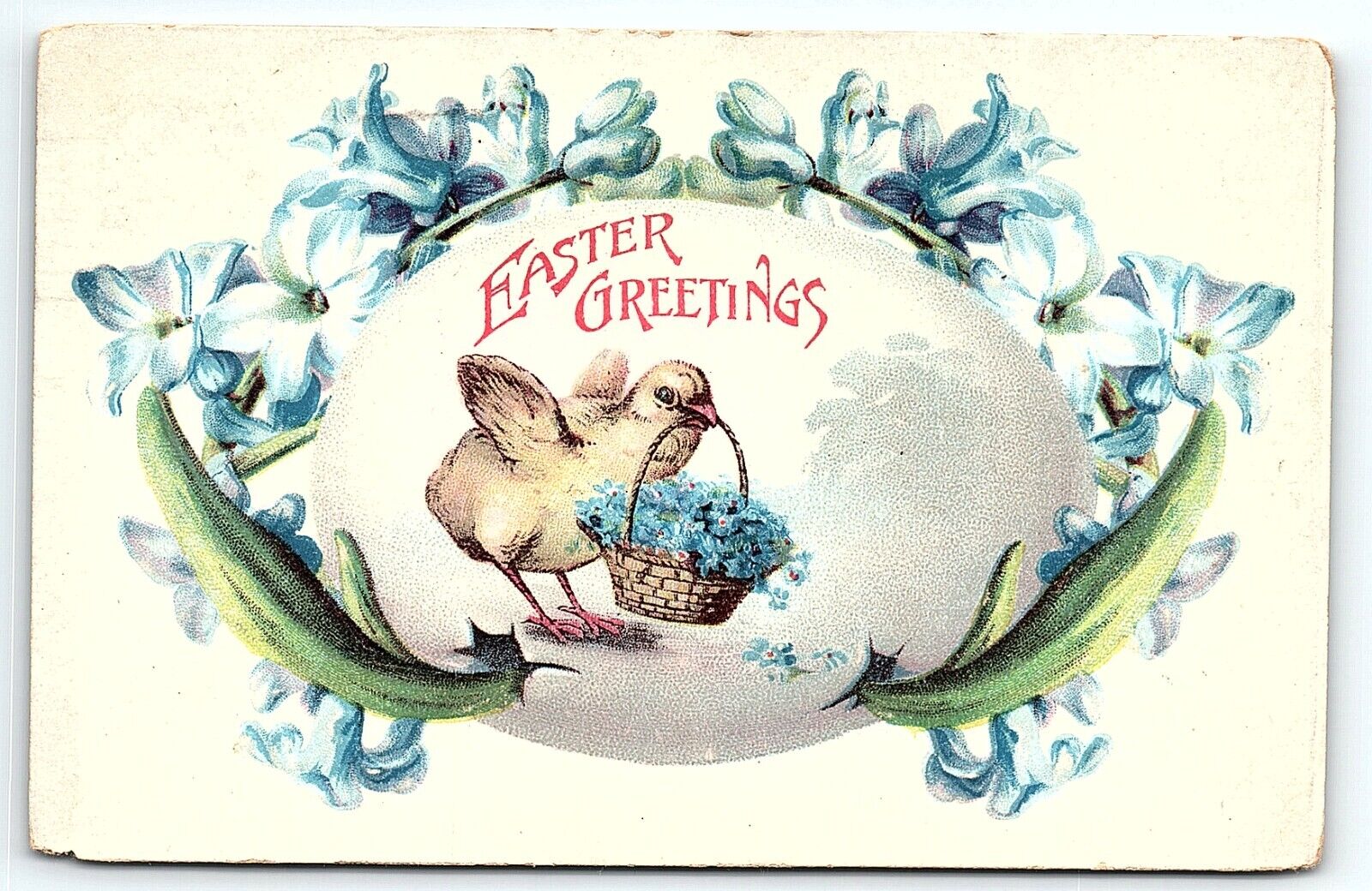 1908 EASTER GREETINGS BABY CHICK BASKET OF FLOWERS SPARTA WI POSTCARD P3311