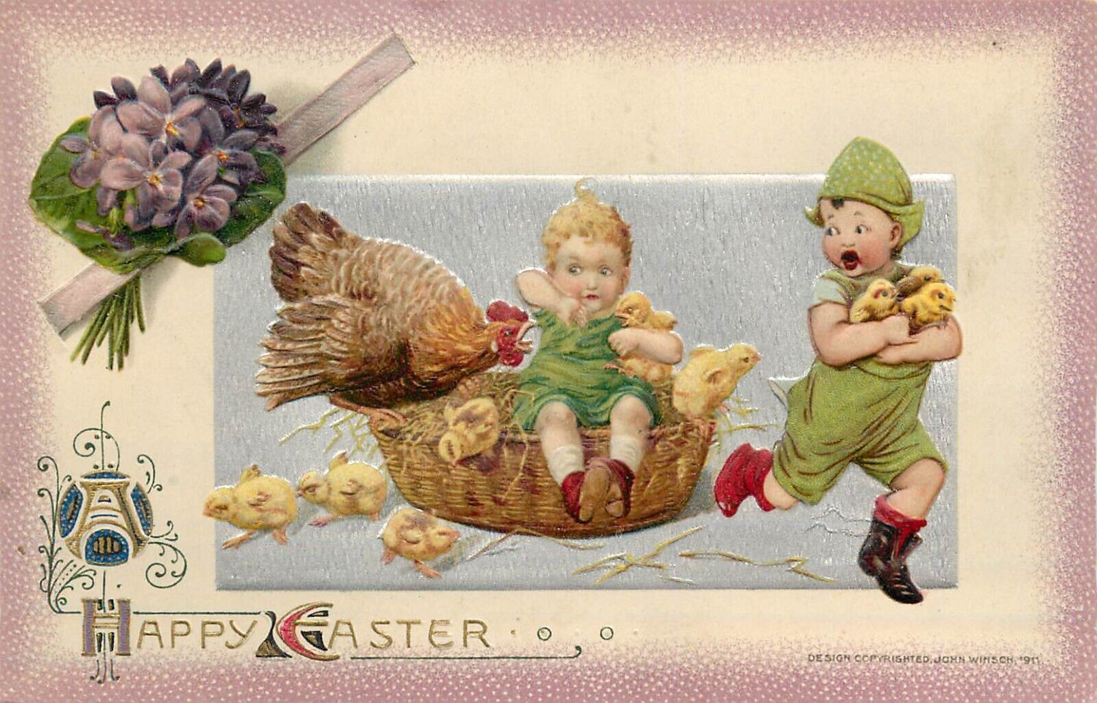 Embossed Happy Easter Baby Sits In Chicken Nest Child Steals Chicks Winsch